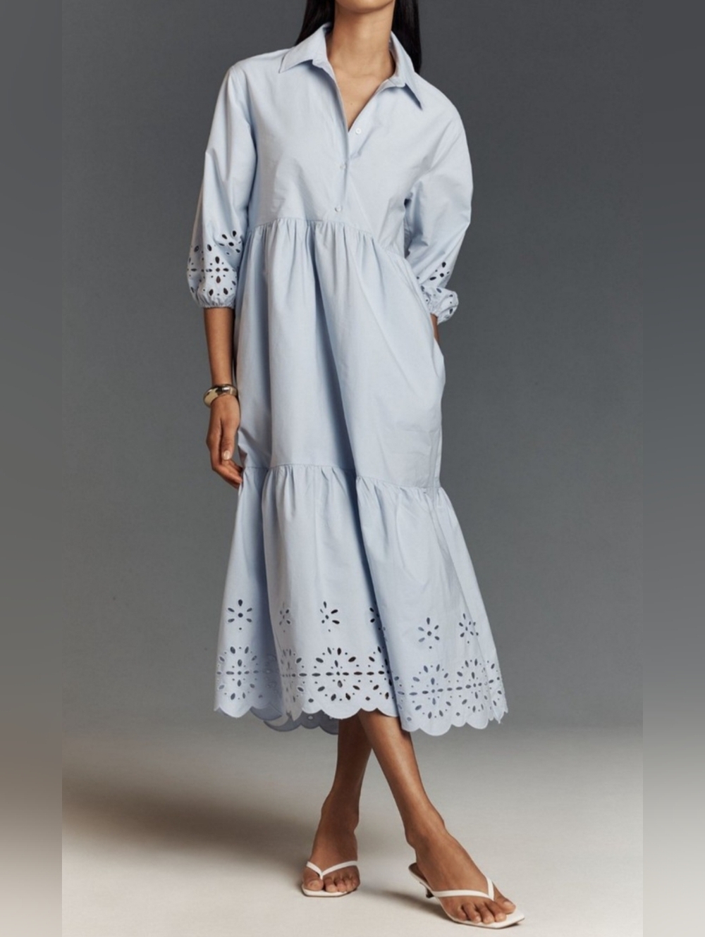 Anthropologie Maeve Bettina Light Blue Eyelet Tiered Shirt Dress